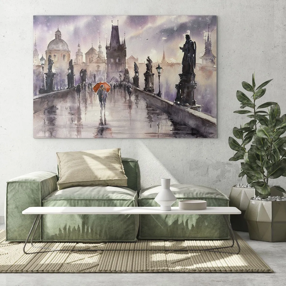 Glastavla - Bild på glas - Gå i regnet på en bro med ett orange paraply - 70x50cm - Människor förändras inte - Modern väggdekoration för vardagsrum och sovrum ARTTOR
