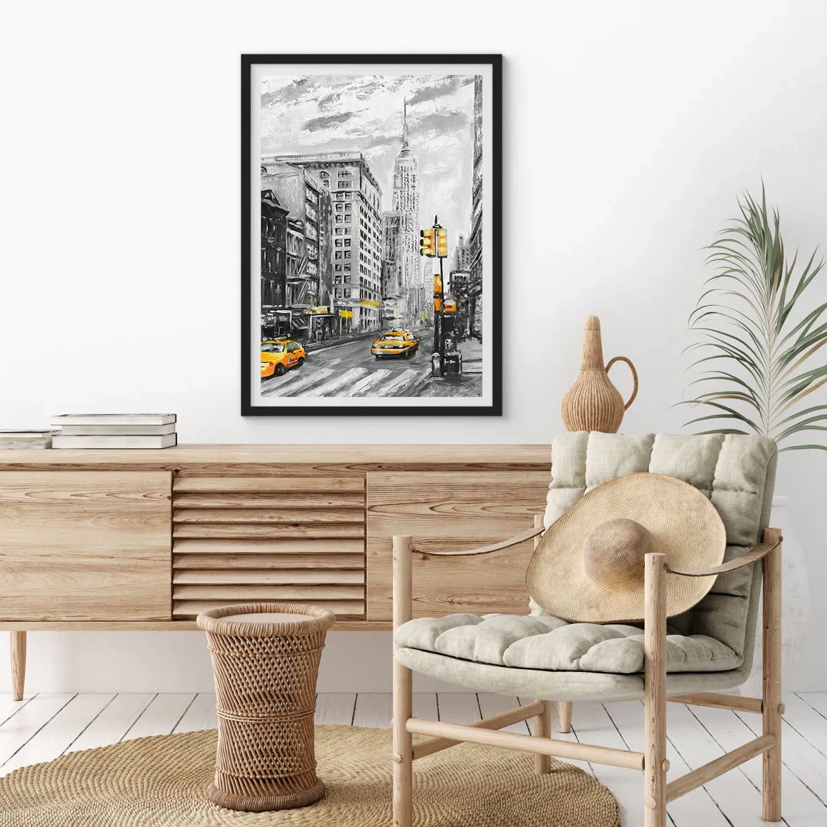 Affisch i svart ram - En gata i New York med gula taxibilar i bakgrunden - 50x70cm - New York berättelse - Modern väggdekoration för vardagsrum och sovrum ARTTOR
