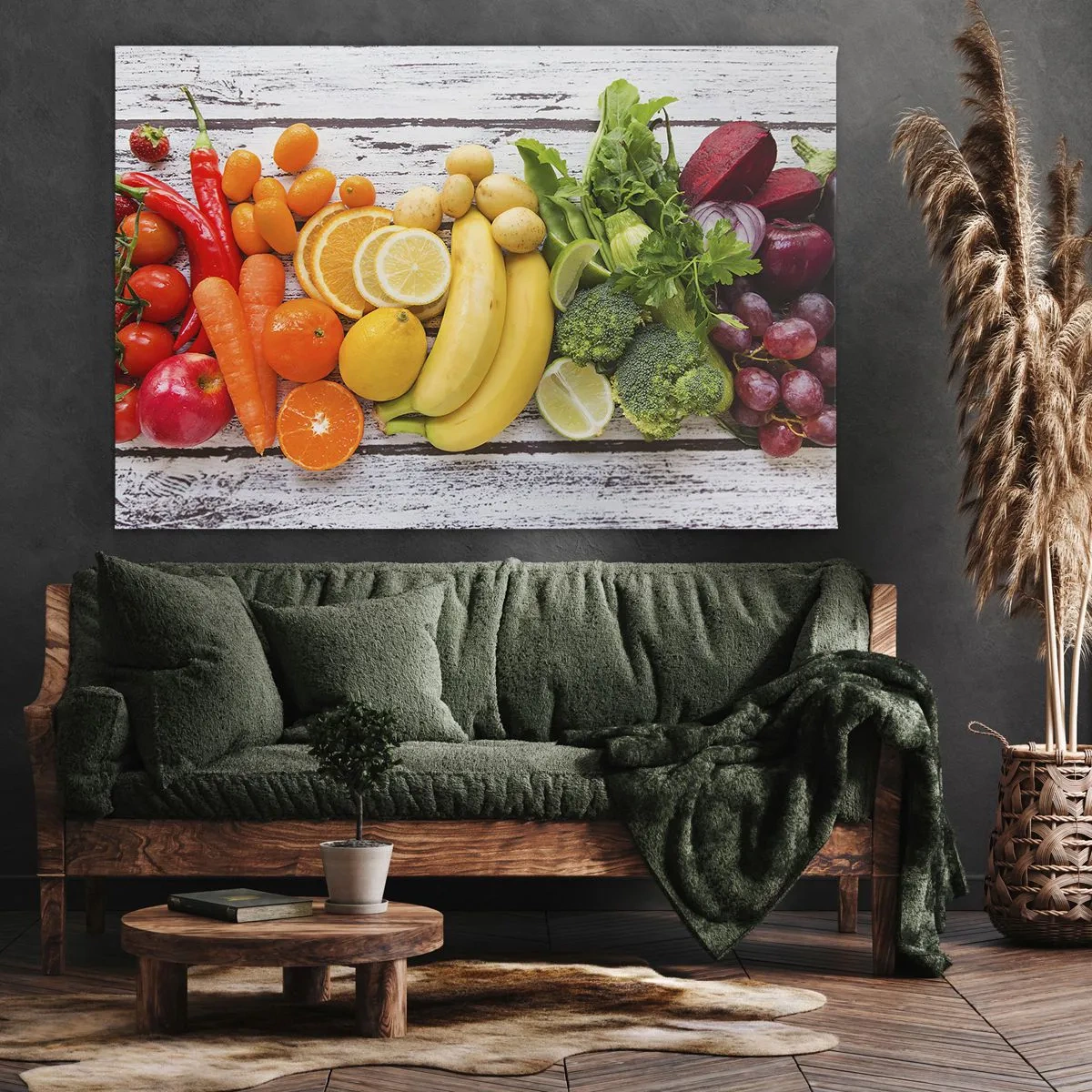 Canvastavla - Bild på duk - Färgglada frukter och grönsaker på en träbakgrund - 70x50cm - Räcker det inte? - Modern väggdekoration för vardagsrum och sovrum ARTTOR