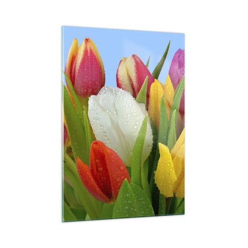 Glastavla - Bild på glas - blommig regnbåge i daggdroppar - 50x70 cm