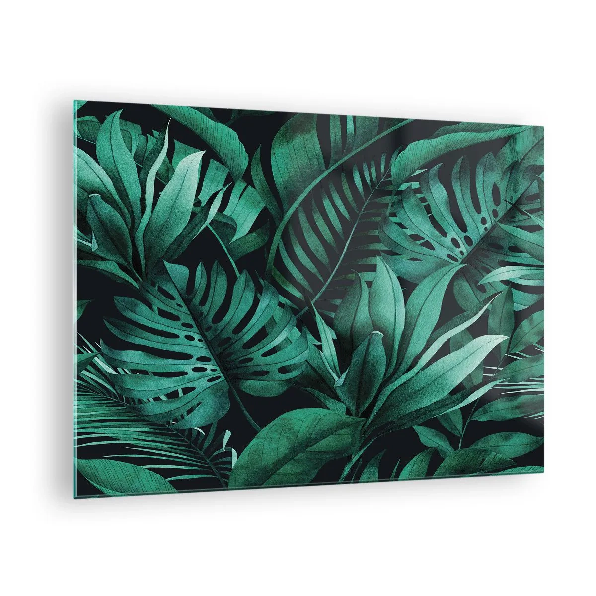 Glastavla - Bild på glas - Frodiga gröna blad i en tropisk komposition - 70x50cm - Tropiska grönskans djup - Modern väggdekoration för vardagsrum och sovrum ARTTOR