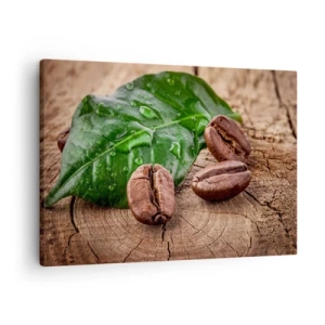 Canvastavla - Bild på duk - Kaffebönor och grönt blad på en träbakgrund - 70x50cm - Äkta och svart - Modern väggdekoration för vardagsrum och sovrum ARTTOR