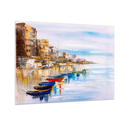 Glastavla - Bild på glas - Färgglada båtar förtöjda vid stadens kaj - 70x50cm - Flerfärgad urban hamn - Modern väggdekoration för vardagsrum och sovrum ARTTOR