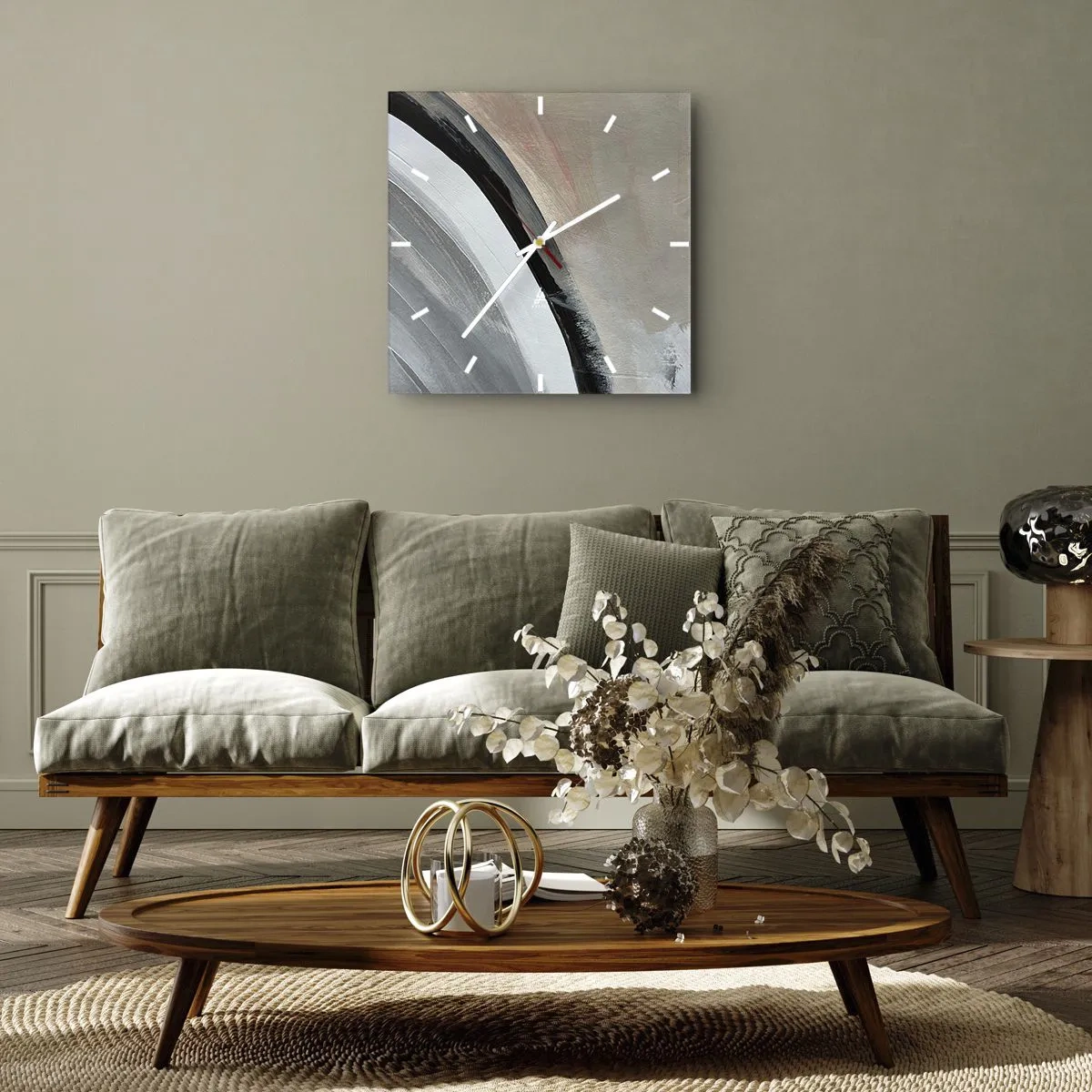 Väggklocka - Klocka på glas - Komposition: en båge av svart och grått - 40x40 cm
