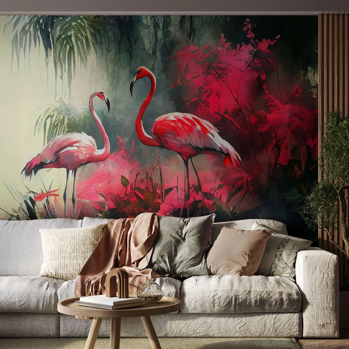 Fototapet Premium Sand - En lektion i naturlig charm - Flamingos, Bit, Landskap - 250x175 cm