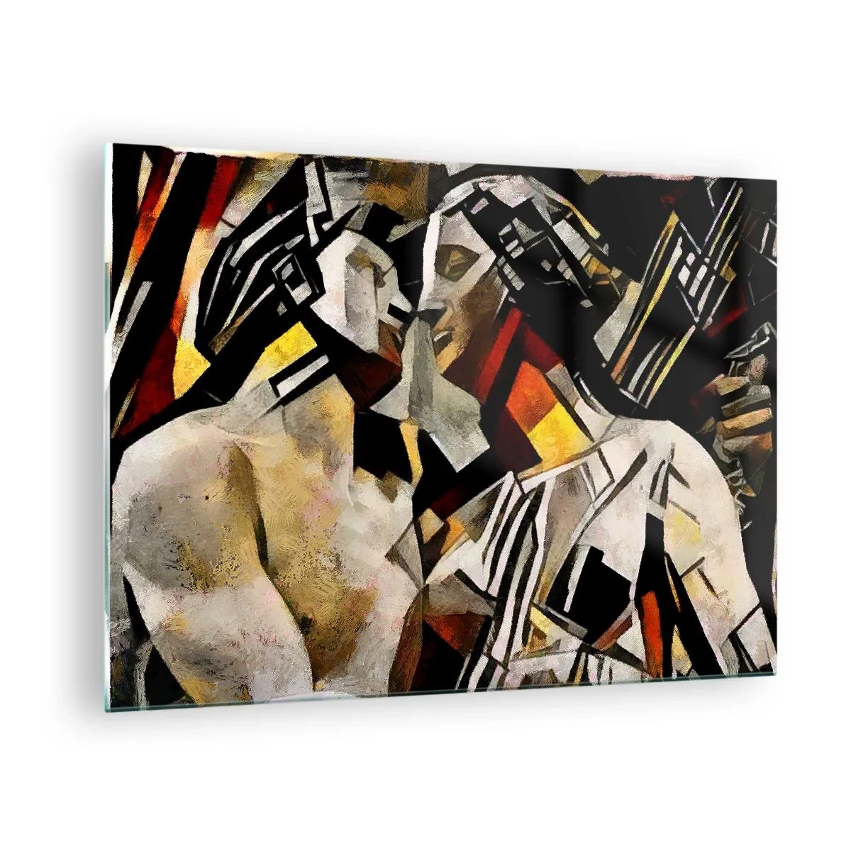 Glastavla - Bild på glas - Abstrakt par i geometriska mönster - 70x50cm - Statykyss - Modern väggdekoration för vardagsrum och sovrum ARTTOR