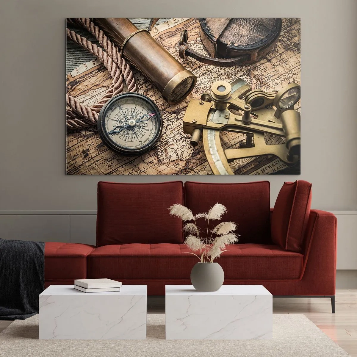 Glastavla - Bild på glas - Kompass, karta och navigationshjälpmedel i retrostil - 70x50cm - Sätt ut kursen - Modern väggdekoration för vardagsrum och sovrum ARTTOR