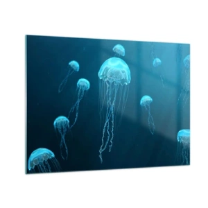 Glastavla - Bild på glas - Maneter som flyter i det djupblå havet - 70x50cm - Havets dans - Modern väggdekoration för vardagsrum och sovrum ARTTOR