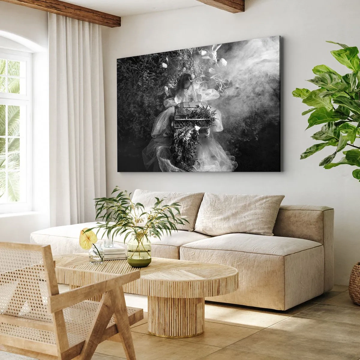 Canvastavla - Bild på duk - En svartvit komposition med en figur i klänning och en bur i dimman. - 70x50cm - Bara Moder - Natur - Modern väggdekoration för vardagsrum och sovrum ARTTOR