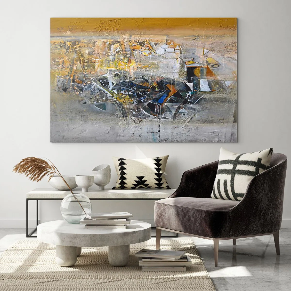 Glastavla - Bild på glas - Konstnärlig abstraktion i guld, silver och grått - 70x50cm - Allt blir bra - Modern väggdekoration för vardagsrum och sovrum ARTTOR