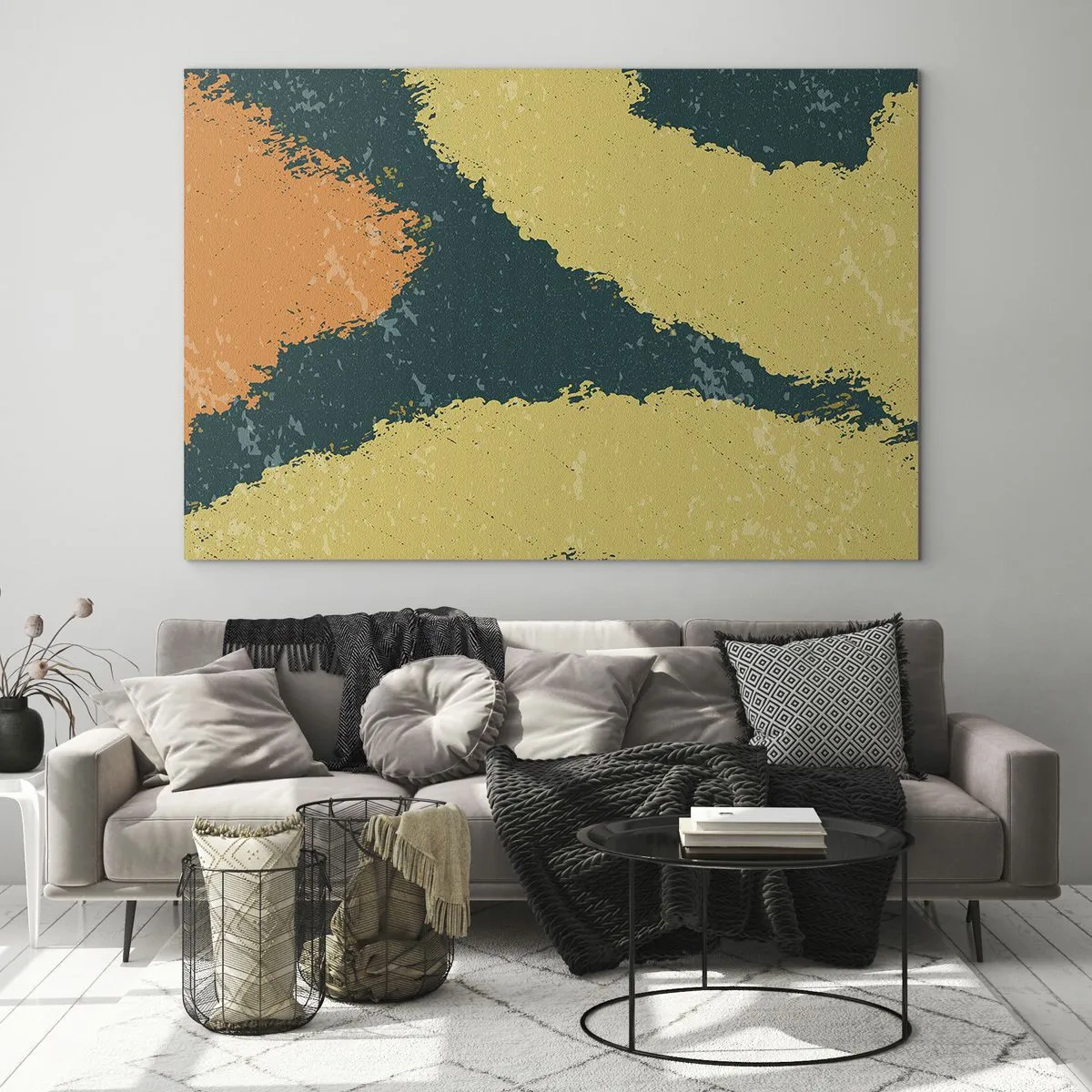 Glastavla - Bild på glas - En flytande abstraktion i senap, grönt och orange. - 70x50cm - Abstraktion - i slow motion - Modern väggdekoration för vardagsrum och sovrum ARTTOR