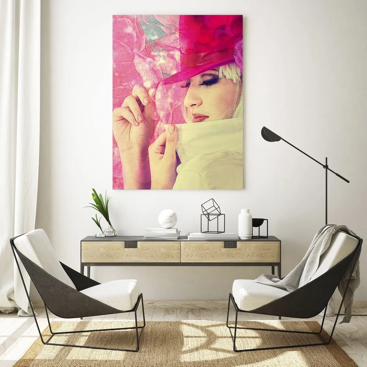 Glastavla - Bild på glas - Retroporträtt i rosa ångor - 50x70 cm