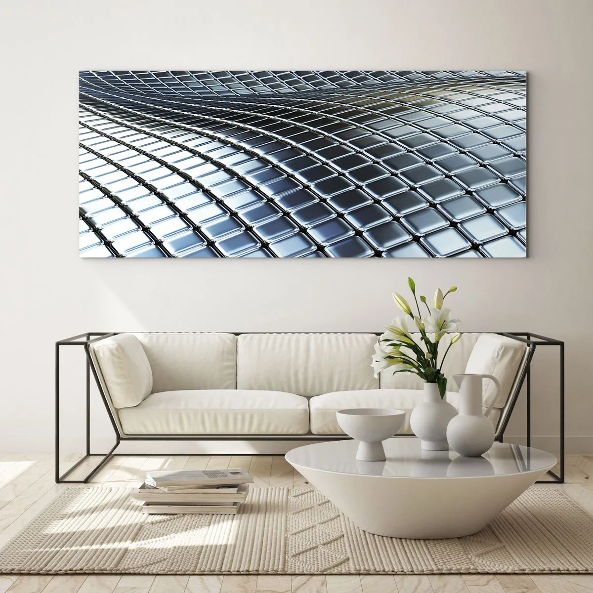 Glastavla - Bild på glas - Metallisk silver våg - 90x30 cm