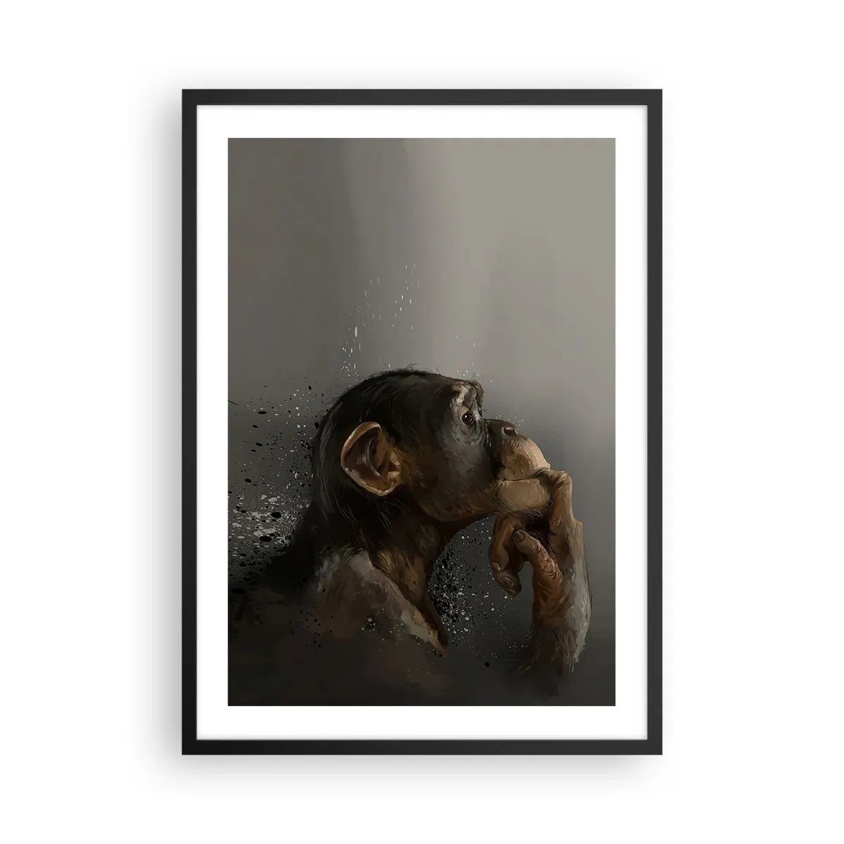 Affisch i svart ram - Porträtt av en tänkande apa i mjuka gråtoner med en abstrakt bakgrund - 50x70cm - Säkert en tänkare - Modern väggdekoration för vardagsrum och sovrum ARTTOR