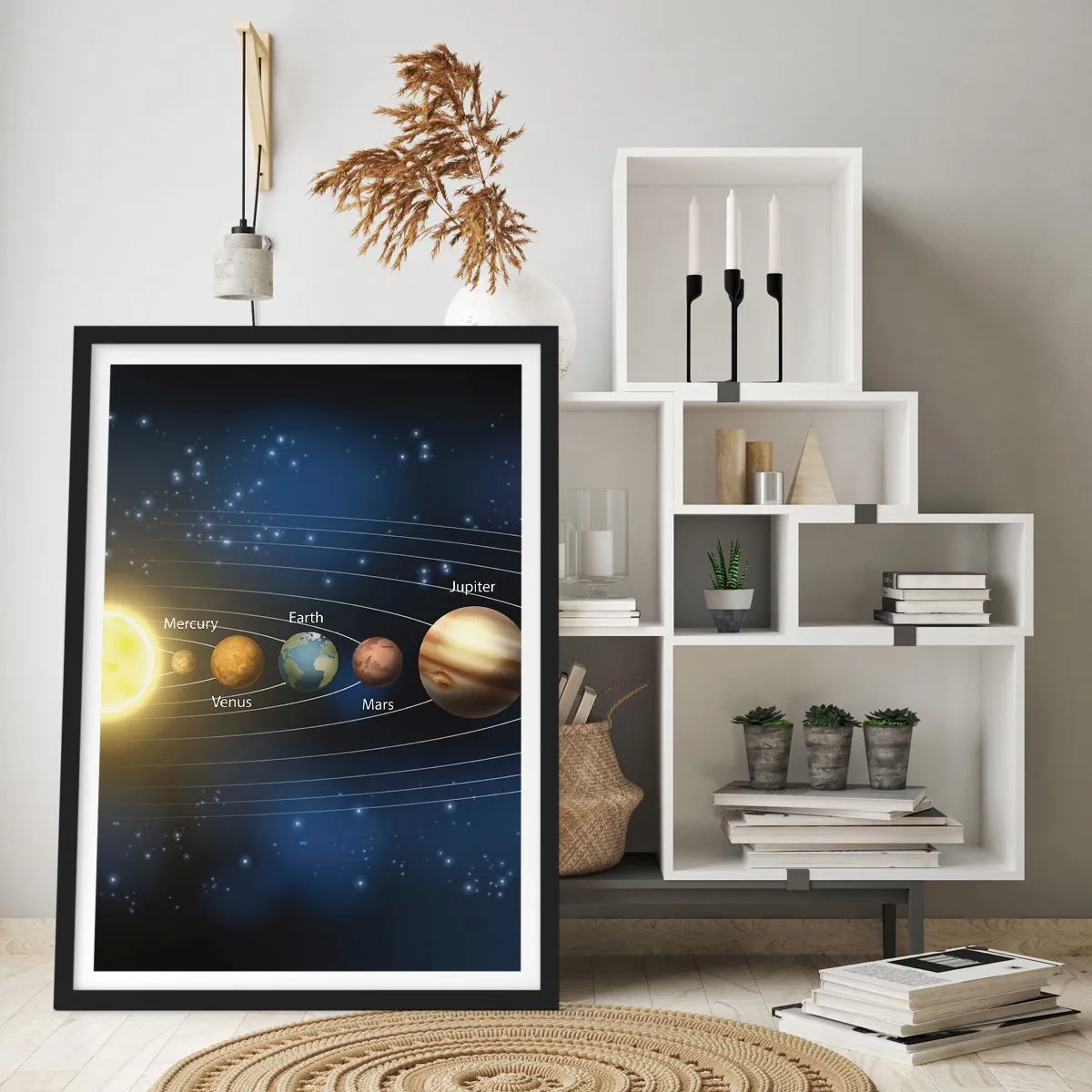 Affisch i svart ram - Solsystemet med planeter mot bakgrund av stjärnor - 50x70cm - En av tio - Modern väggdekoration för vardagsrum och sovrum ARTTOR