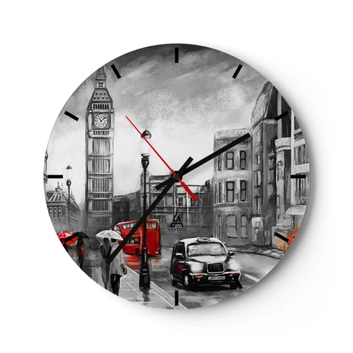 Väggklocka - Klocka på glas - Big Ben och en gata i London med en röd buss och taxi - 30x30cm - Inte alls en grå stad - Modern väggdekoration för vardagsrum, kök och sovrum ARTTOR