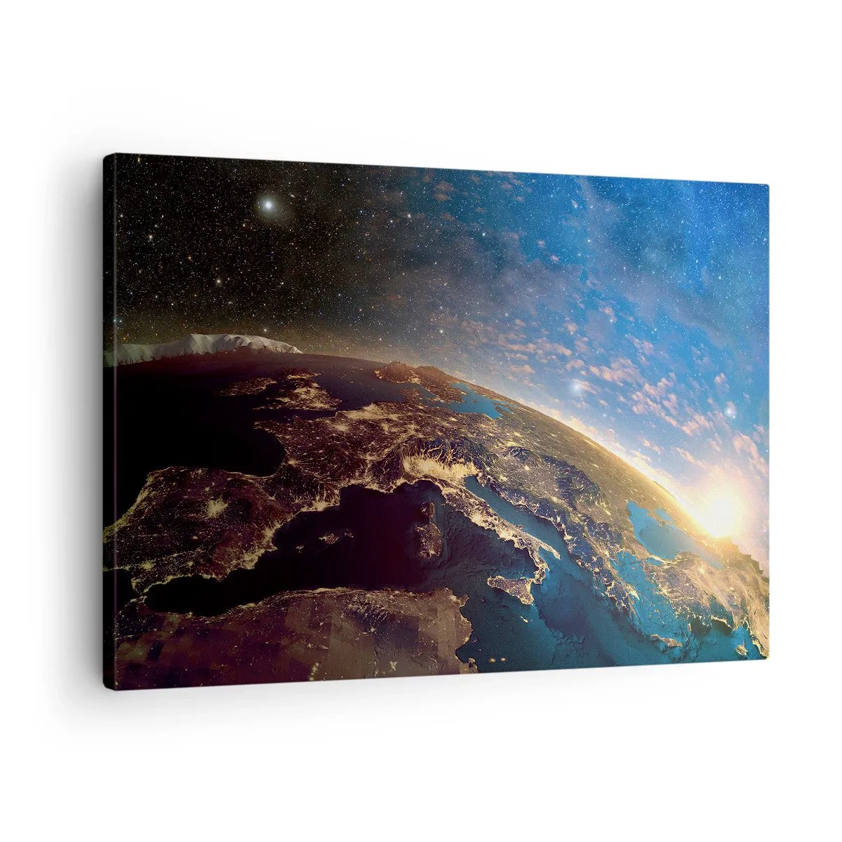 Canvastavla - Bild på duk - Vy över jorden från rymden vid soluppgången - 70x50cm - Låt oss titta på varandra på avstånd - Modern väggdekoration för vardagsrum och sovrum ARTTOR