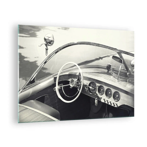 Glastavla - Bild på glas - Klassisk bilcockpit i svart och vitt - 70x50cm - Väder för de rika - Modern väggdekoration för vardagsrum och sovrum ARTTOR