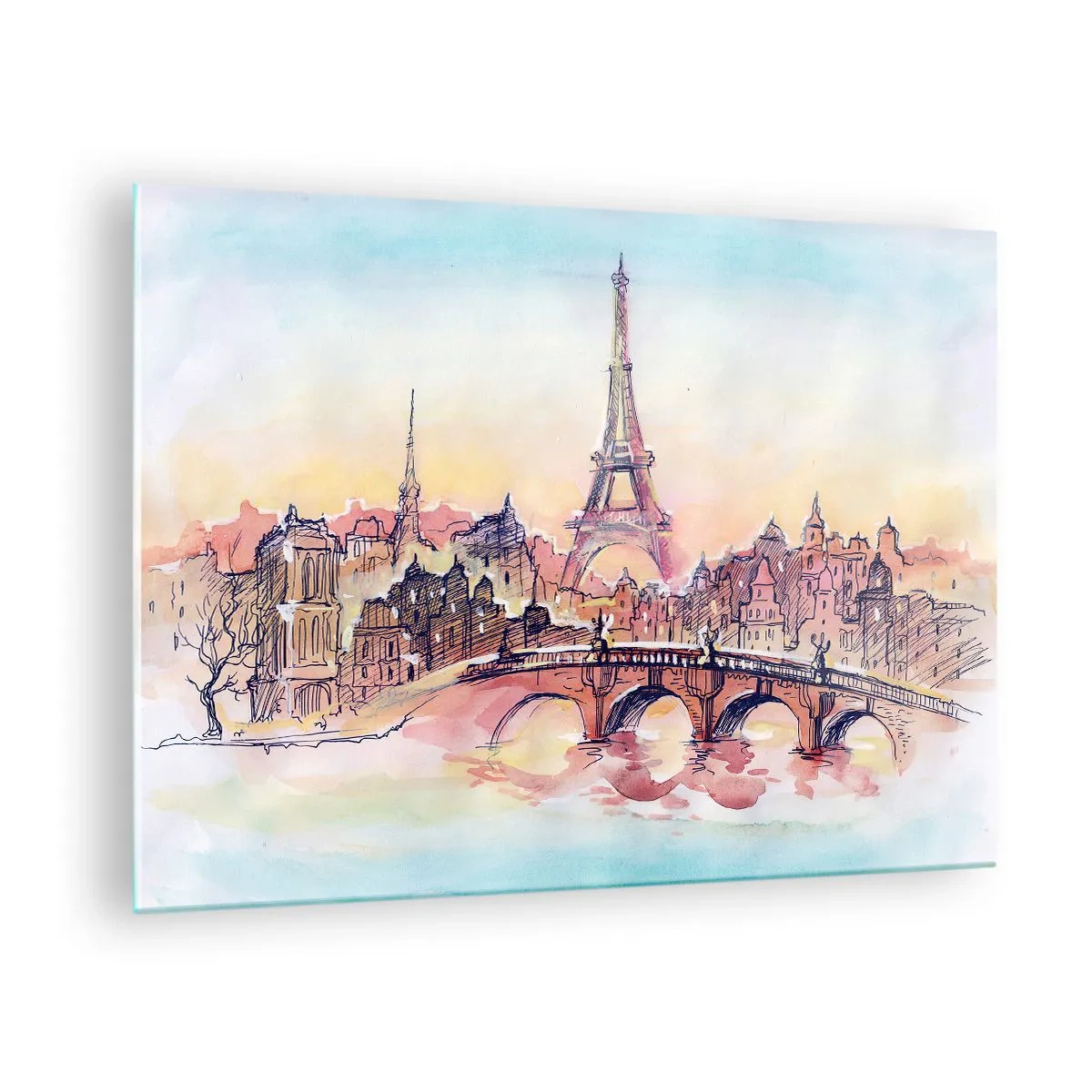 Glastavla - Bild på glas - Ett panorama över Paris med Eiffeltornet i en delikat akvarellstil - 70x50cm - Den enda staden av denna art i världen - Modern väggdekoration för vardagsrum och sovrum ARTTOR