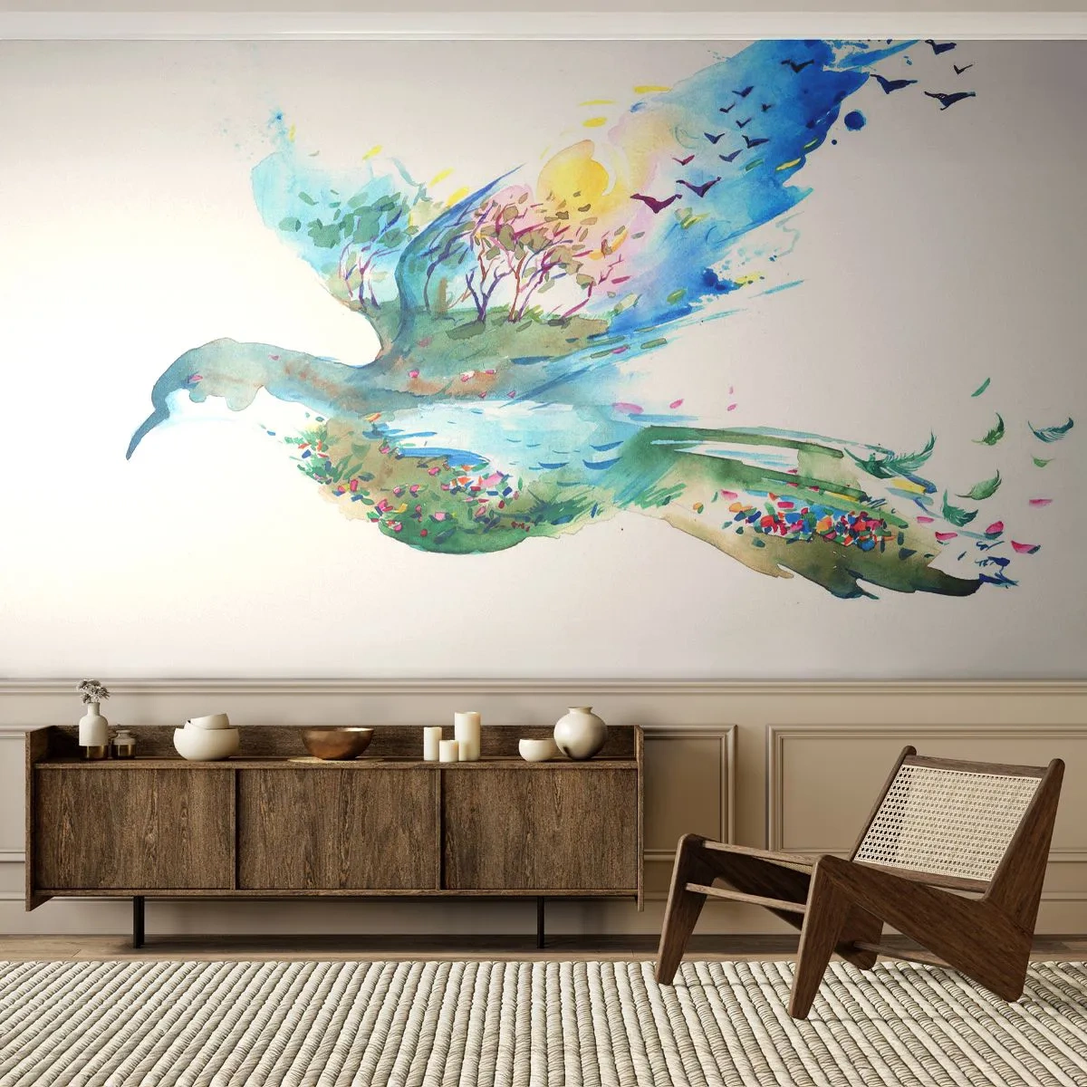 Fototapet Standard Eco - På naturens vingar - Abstraktion, Fågel, Sommarlandskap - 200x140 cm
