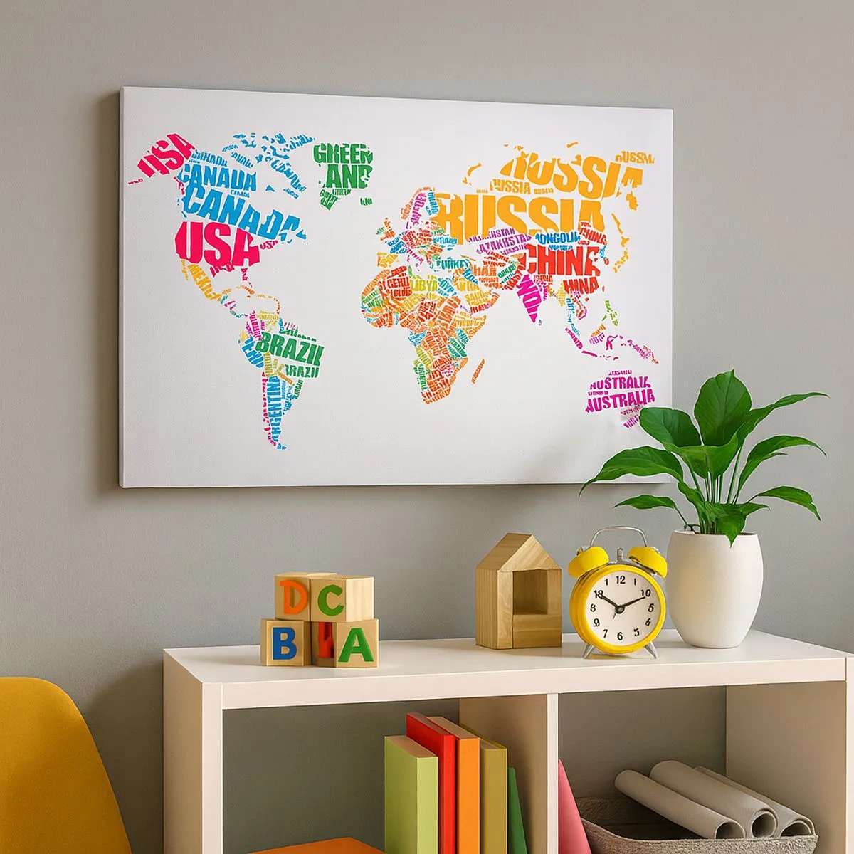 Canvastavla - Bild på duk - Färgglad världskarta med ländernamn - 70x50cm - Jag vill lära känna alla - Modern väggdekoration för vardagsrum och sovrum ARTTOR