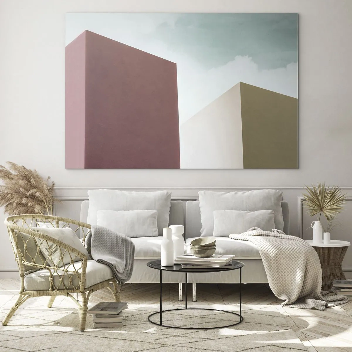 Glastavla - Bild på glas - Geometriska byggnader i pastellfärger - 70x50cm - Geometri av en solig sommar - Modern väggdekoration för vardagsrum och sovrum ARTTOR