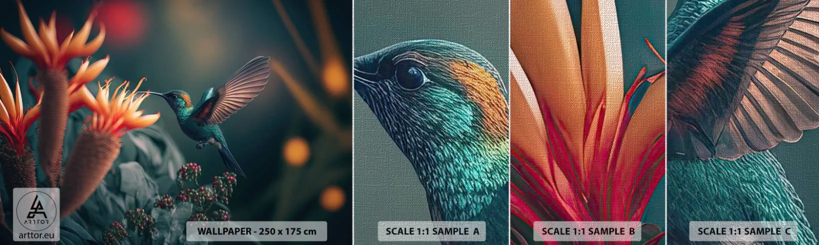 Provbit av fototapet Premium Canvas - Ett verkligt färgglatt liv - Fågel, Exotisk, Blomma - 100x30 cm
