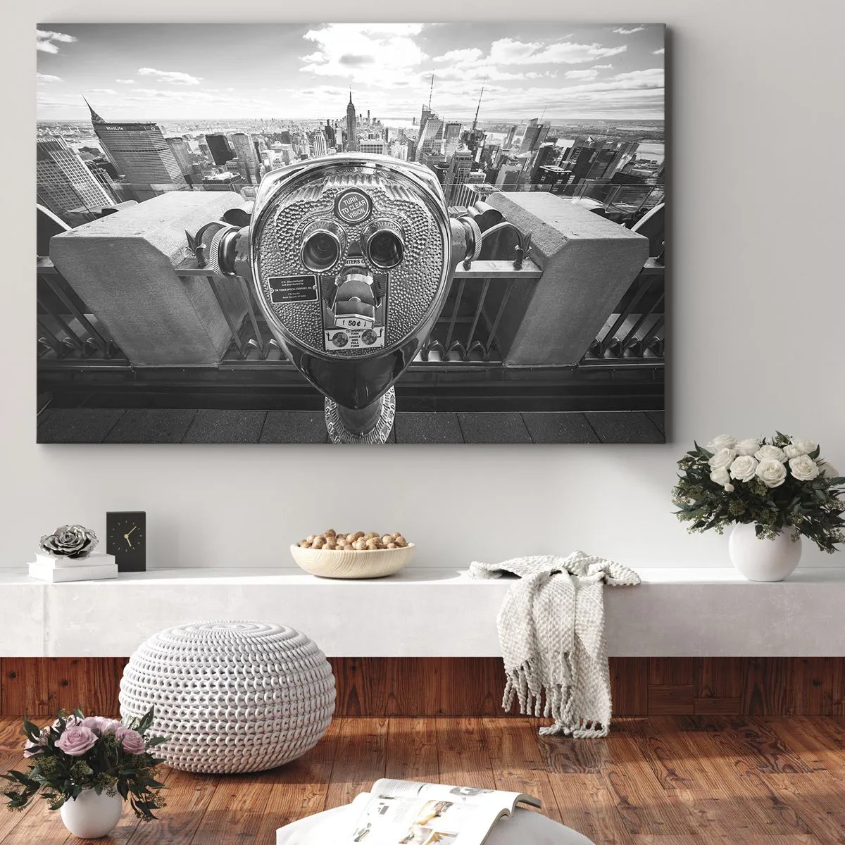 Canvastavla - Bild på duk - Monokrom vy genom teleskopet av stadens panorama - 70x50cm - Stad över städerna - Modern väggdekoration för vardagsrum och sovrum ARTTOR