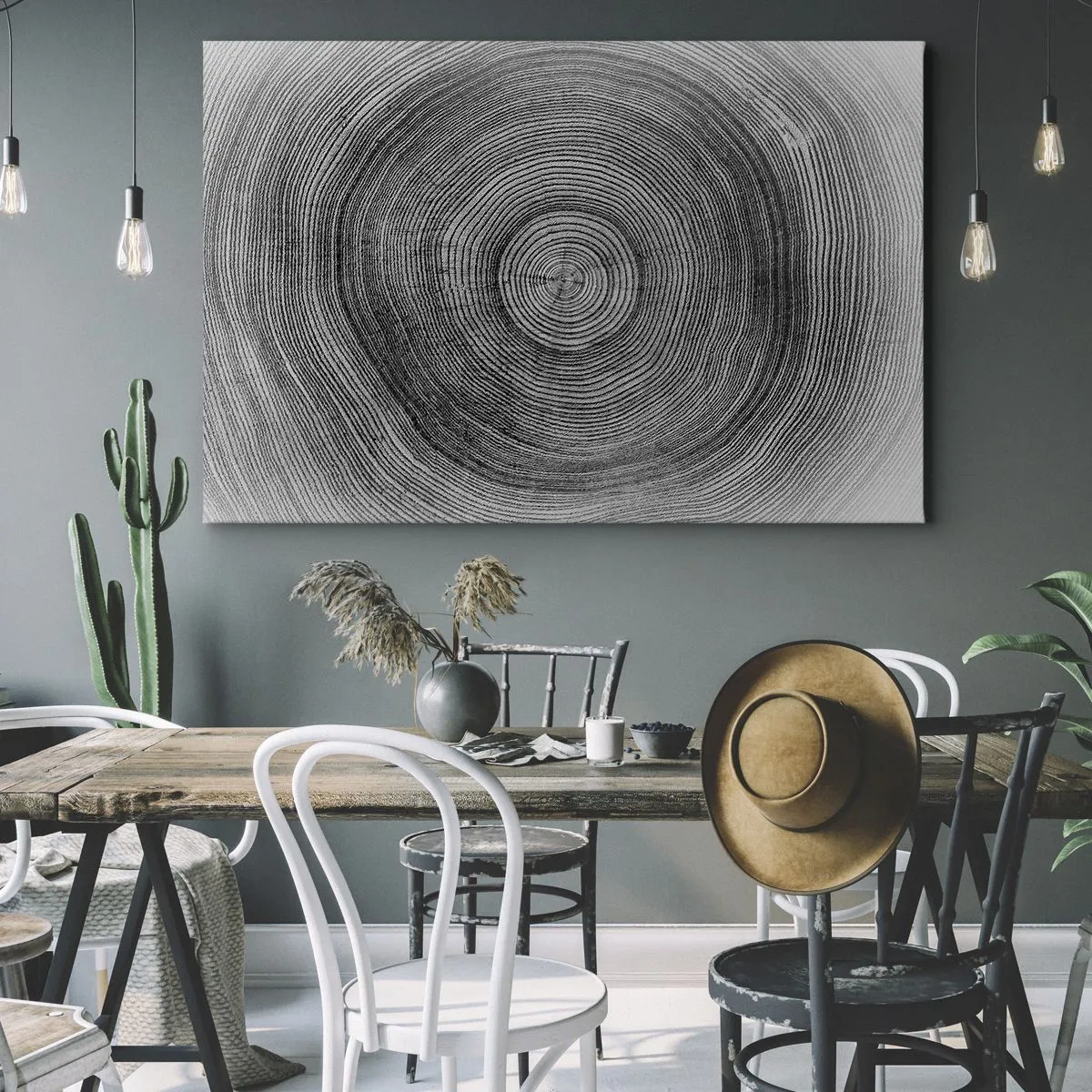 Canvastavla - Bild på duk - Svartvitt trädringmönster som visar ett tvärsnitt av stammen - 70x50cm - Ett tecken i tiden - Modern väggdekoration för vardagsrum och sovrum ARTTOR