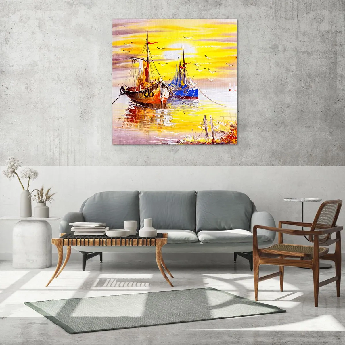 Glastavla - Bild på glas - Välförtjänt vila i hamnen - 50x50 cm