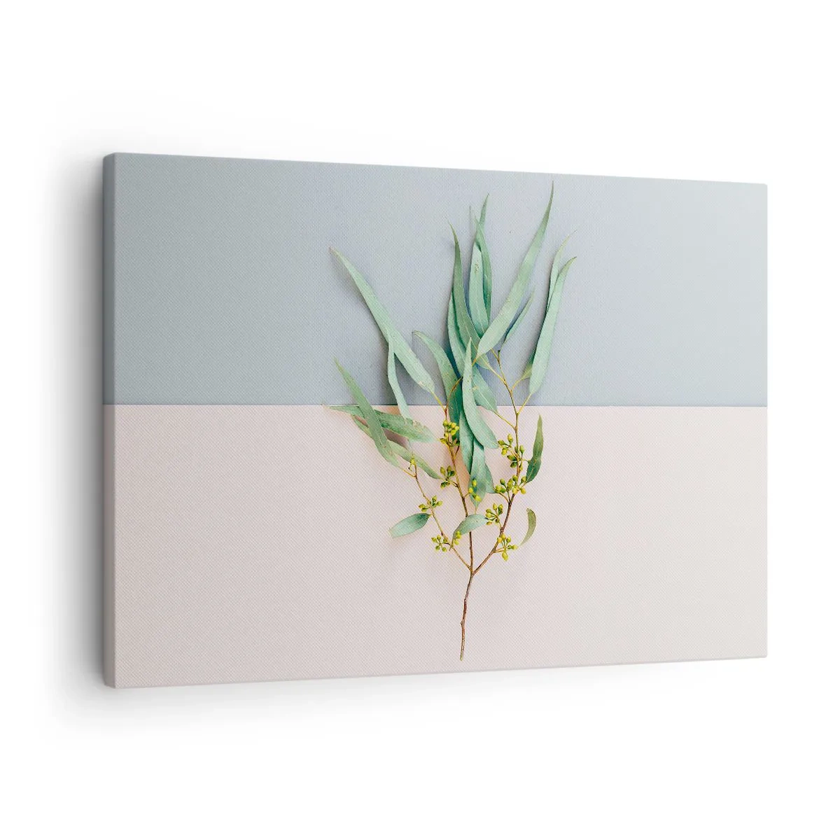 Canvastavla - Bild på duk - En gren med löv mot en bakgrund av pastellfärger - 70x50cm - Pastellens subtilitet - Modern väggdekoration för vardagsrum och sovrum ARTTOR