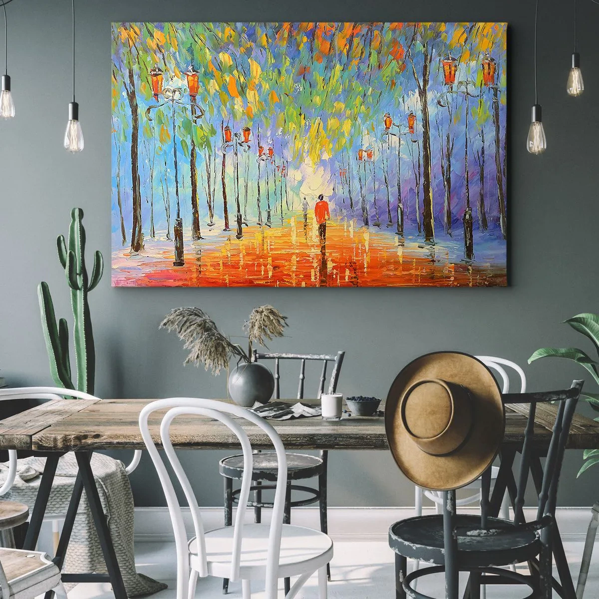 Canvastavla - Bild på duk - En pittoresk promenad bland lyktorna en regnig kväll - 70x50cm - Regnets nattvisa - Modern väggdekoration för vardagsrum och sovrum ARTTOR