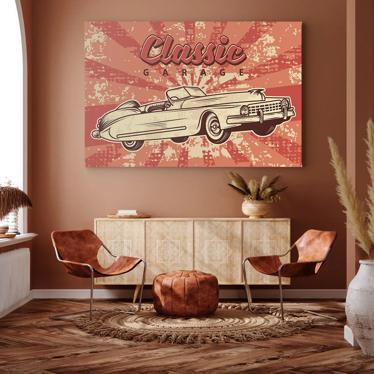 Canvastavla - Bild på duk - Retroposter med en klassisk bil och orden Classic Garage - 70x50cm - De spelar Elvis på radion - Modern väggdekoration för vardagsrum och sovrum ARTTOR
