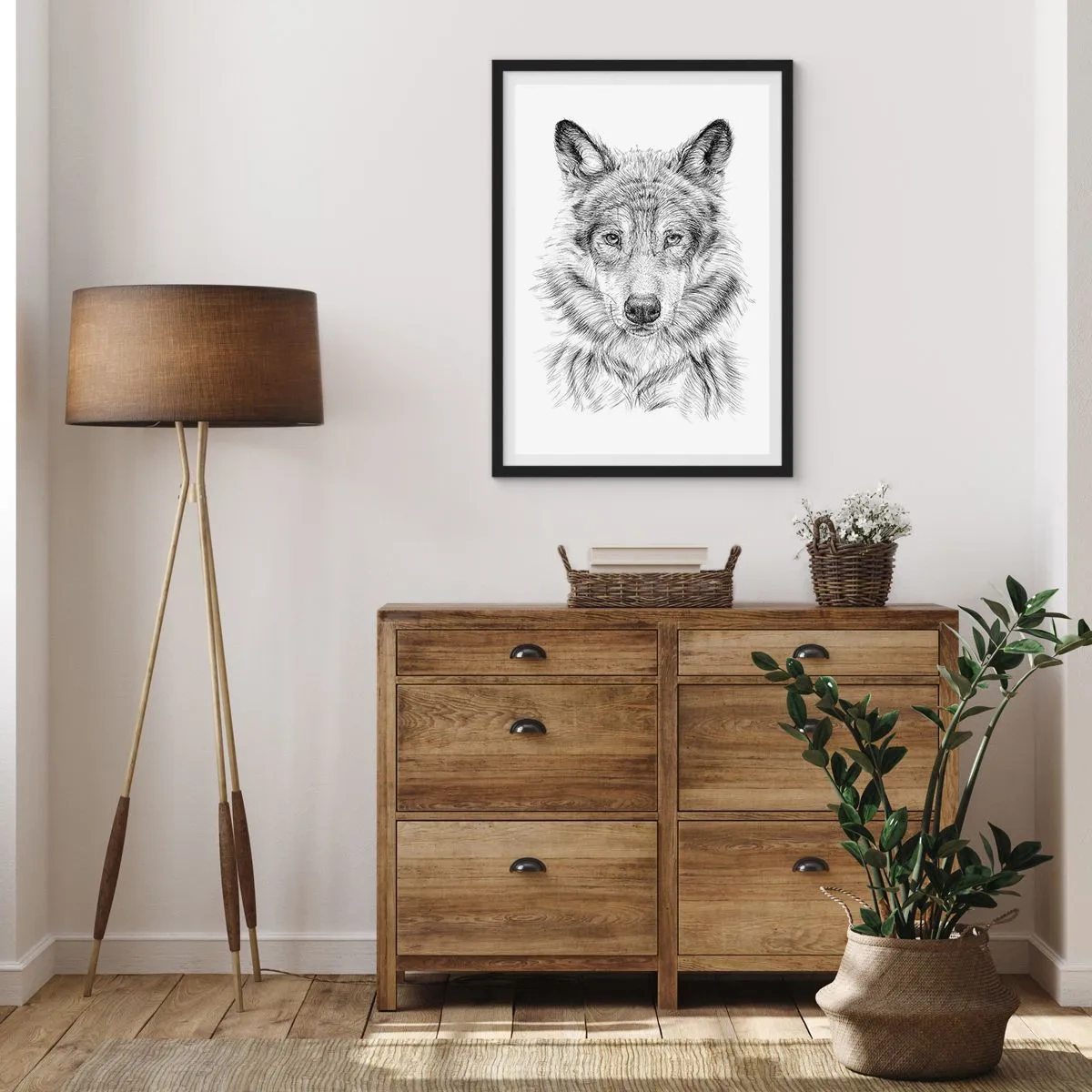Affisch i svart ram - Detaljerad teckning av en varg i svartvitt stil - 50x70cm - En född ledare - Modern väggdekoration för vardagsrum och sovrum ARTTOR