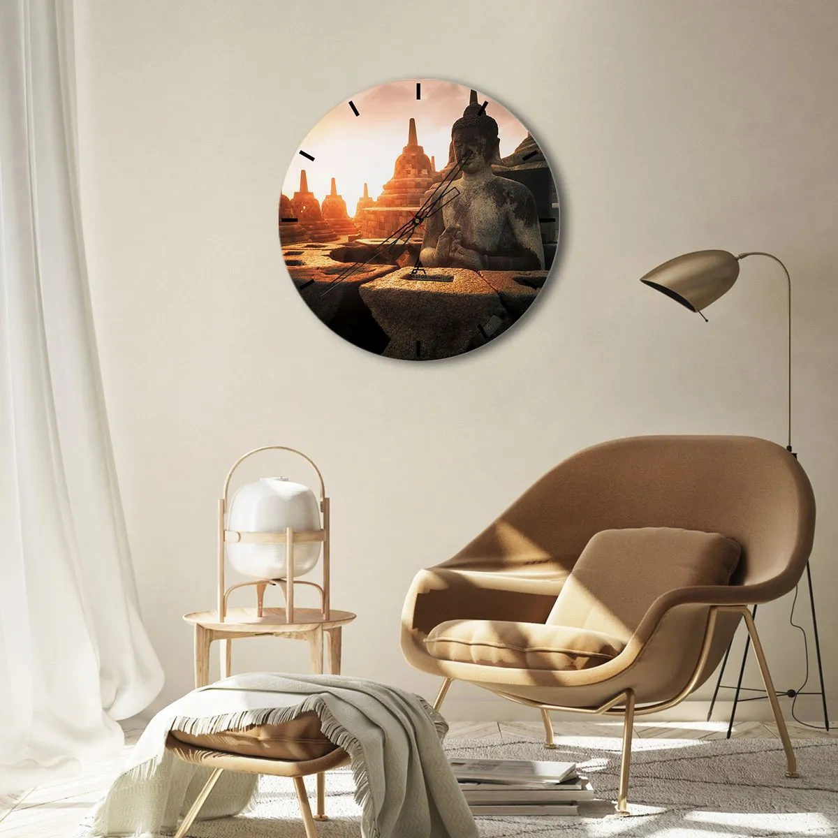 Väggklocka - Klocka på glas - Solnedgång över Buddhastatyer omgivna av tempel - 30x30cm - Stora visdomens väder - Modern väggdekoration för vardagsrum, kök och sovrum ARTTOR