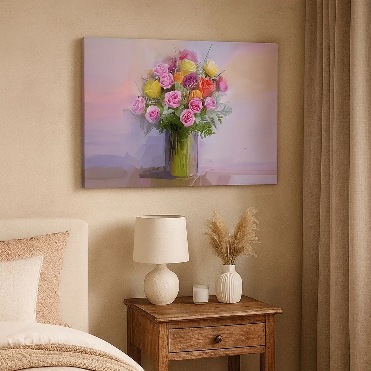 Canvastavla - Bild på duk - En bukett färgglada rosor i en glasvas - 70x50cm - Stoppad skönhet - Modern väggdekoration för vardagsrum och sovrum ARTTOR