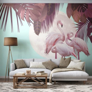 Fototapet Premium Sand - De tre fågelgracena - Flamingos, Fåglar, Natur - 200x140 cm