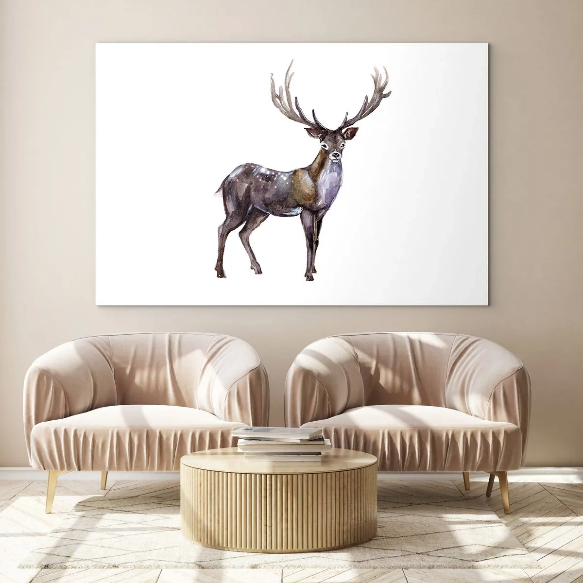 Glastavla - Bild på glas - Elegant akvarell hjort - 70x50cm - Norra urskogens kung - Modern väggdekoration för vardagsrum och sovrum ARTTOR