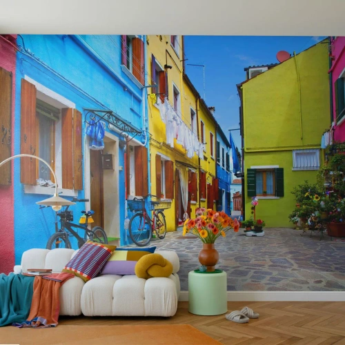 Fototapet Premium Canvas - Pastell, söt gränd - Stad, Cyklar, Gränd - 400x280 cm