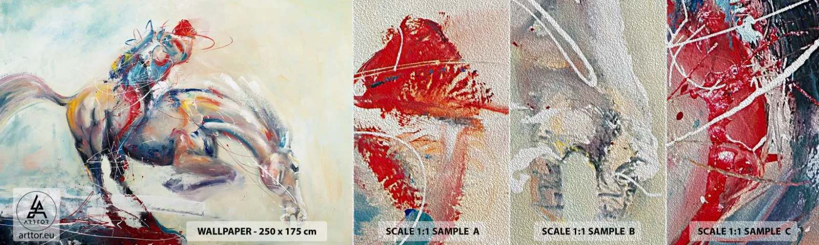 Provbit av fototapet Premium Sand - Håll i, vi flyger - Djur, Häst, Ryttare - 100x30 cm