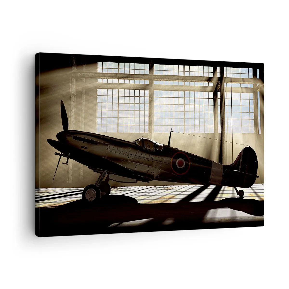 Canvastavla - Bild på duk - Ett historiskt flygplan i en hangar upplyst av solljus - 70x50cm - Kämpens vila - Modern väggdekoration för vardagsrum och sovrum ARTTOR