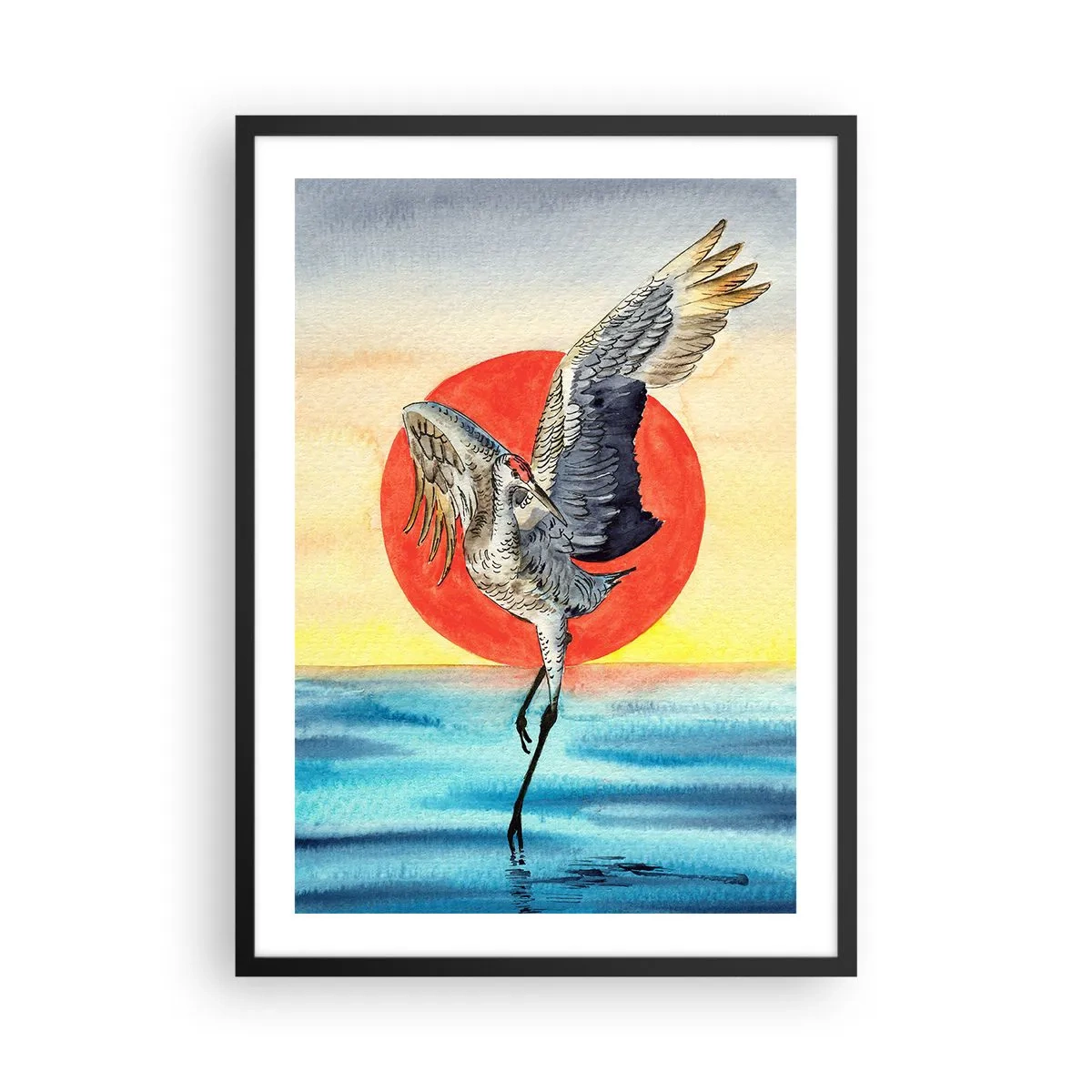 Affisch i svart ram - En kran som svävar över vattnet mot en röd sol - 50x70cm - Dags att gå tillbaka - Modern väggdekoration för vardagsrum och sovrum ARTTOR