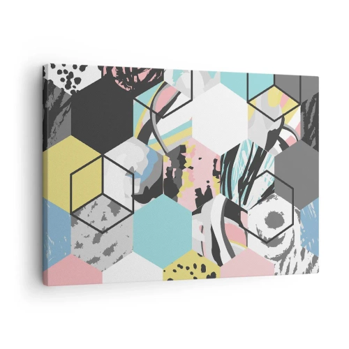Canvastavla - Bild på duk - Geometriskt hexagonmönster med färgglada abstrakta detaljer - 70x50cm - Sexkanter och kuber i sex färger - Modern väggdekoration för vardagsrum och sovrum ARTTOR