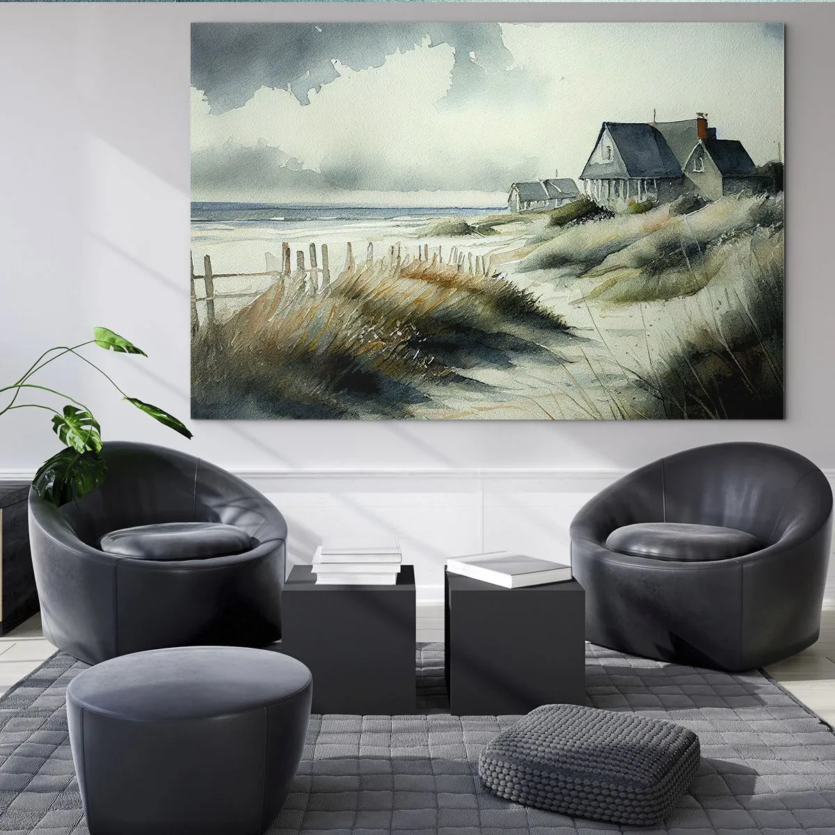 Glastavla - Bild på glas - Hus vid stranden i sanddynerna under en molnig himmel - 70x50cm - Borta från liv och rörelse - Modern väggdekoration för vardagsrum och sovrum ARTTOR