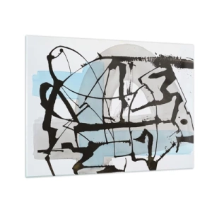 Glastavla - Bild på glas - Abstrakt komposition med en svart skiss och blå fläckar - 70x50cm - Blått trots allt - Modern väggdekoration för vardagsrum och sovrum ARTTOR