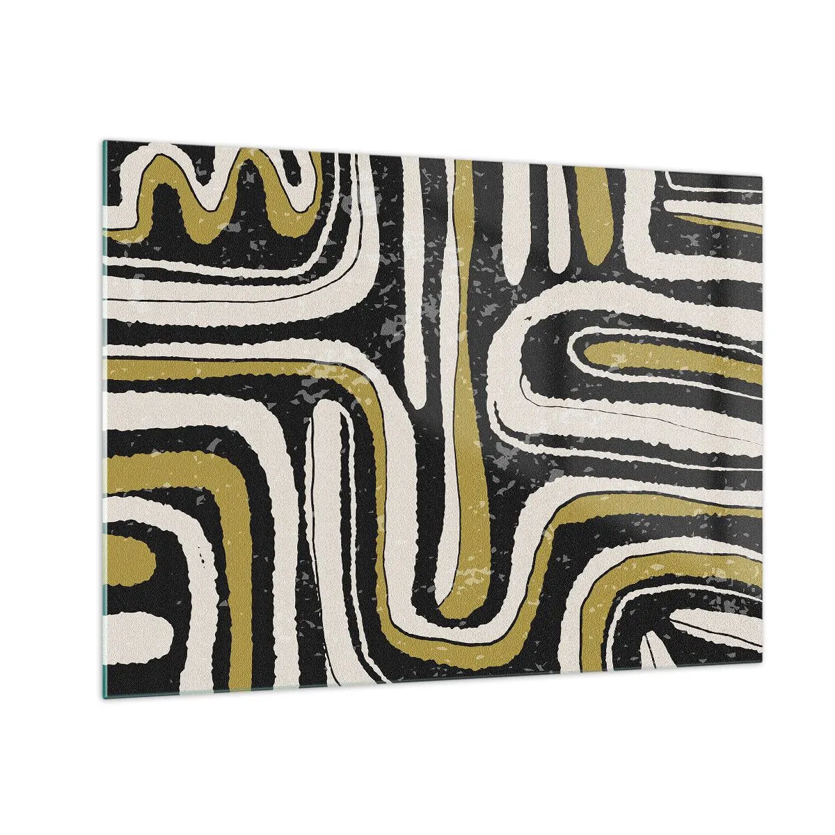 Glastavla - Bild på glas - Abstrakta mönster i svart, vitt och guld - 70x50cm - Komposition: stråk och gränder - Modern väggdekoration för vardagsrum och sovrum ARTTOR