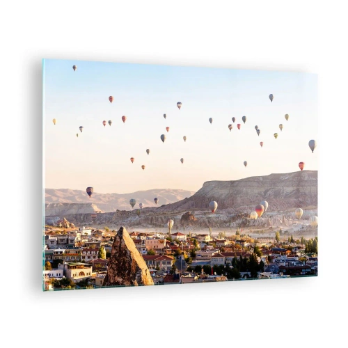 Glastavla - Bild på glas - Ballongflygning över Kappadokien i morgonljuset - 70x50cm - Som båtar på himlen - Modern väggdekoration för vardagsrum och sovrum ARTTOR