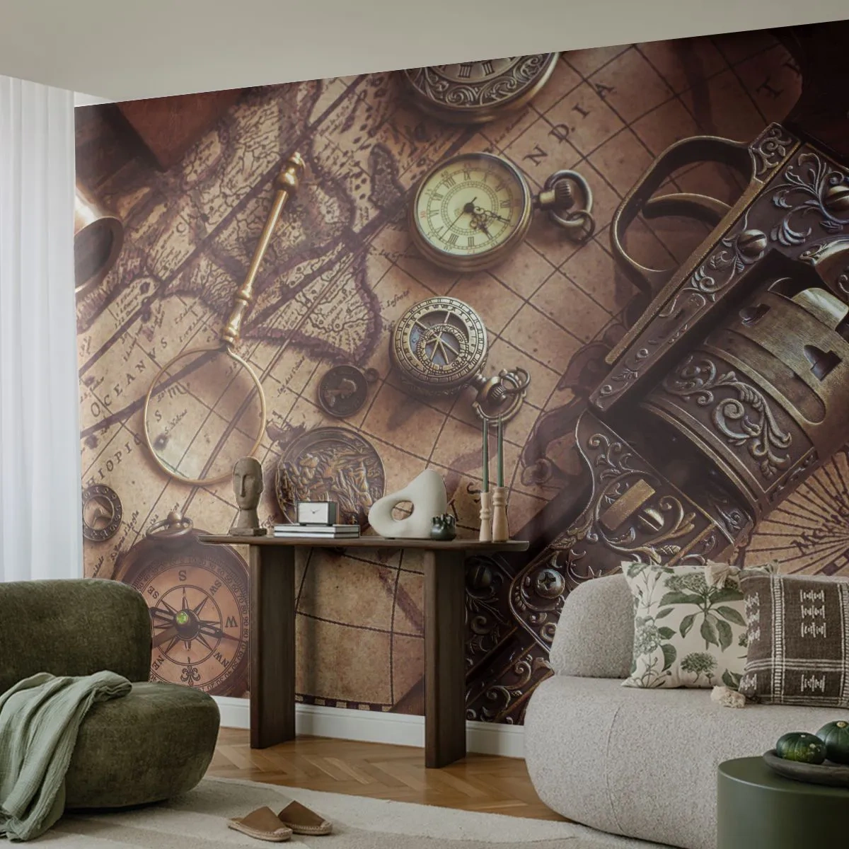 Självhäftande Fototapet Deluxe Sticker - Äventyret kallar - Världskarta, Kompass, Revolver - 250x175 cm