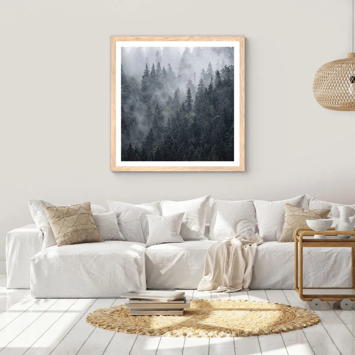 Affisch i ram av ljusek - Gryning i skogen - 60x60 cm