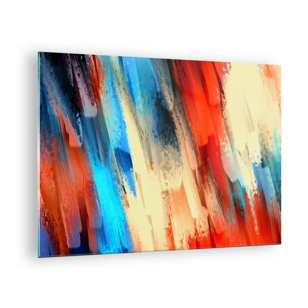 Glastavla - Bild på glas - Abstrakta penseldrag i nyanser av blått, rött och beige - 70x50cm - Färgkaskad - Modern väggdekoration för vardagsrum och sovrum ARTTOR